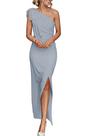 Vestido PRETTYGARDEN Maxi Cinza Azul com Ombro Único e Franzido Tam L