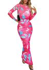 Vestido PRETTYGARDEN Maxi con Estampado Floral, Manga Larga, Color Rojo Rosa, Talla L