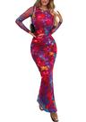 Vestido PRETTYGARDEN Maxi de Manga Larga con Estampado Floral Fruncido en Marino y Rojo Vestido PRETTYGARDEN Maxi de Manga Larga con Estampado Floral Fruncido en Marino y Rojo
