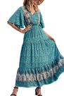Vestido PRETTYGARDEN Maxi Floral Azul com Decote V e Manga Curta