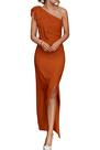 Vestido PRETTYGARDEN Maxi Marrom com Ombro Único, Franzido e Laço, Tamanho S Vestido PRETTYGARDEN Maxi Marrom com Ombro Único, Franzido e Laço, Tamanho S