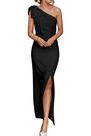 Vestido PRETTYGARDEN Maxi Preto com Ombro Único, Laço, Franzido e Fenda, Tam S