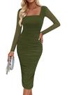 Vestido PRETTYGARDEN Midi com Franzidos, Manga Longa, Verde Militar, M Vestido PRETTYGARDEN Midi com Franzidos, Manga Longa, Verde Militar, M