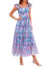 Vestido PRETTYGARDEN Midi de Tule Floral Azul e Rosa Pequeno