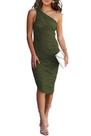Vestido PRETTYGARDEN Midi Verde Militar com Ombro Único e Franzido em Tule Tamanho S