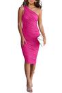 Vestido PRETTYGARDEN Midi Vermelho Rosado com Ombro Único e Franzido em Tule