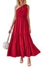 Vestido PRETTYGARDEN Nó Ombro Único Sem Mangas Vermelho Fluido Tamanho L
