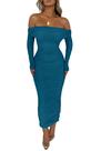 Vestido PRETTYGARDEN Ombro a Ombro Maxi com Franzidos e Fenda Azul Lago Tamanho L
