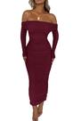 Vestido PRETTYGARDEN Ombro a Ombro Maxi Manga Longa Vinho Tamanho S