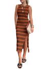 Vestido PRETTYGARDEN Verano Bodycon Midi a Rayas Marrón XXL