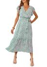 Vestido PRETTYGARDEN Verde Floral Transpassado com Decote V e Cinto XL