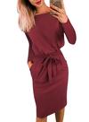 Vestido PRETTYGARDEN Vermelho Vinho Manga Longa com Cinto Ajustável Tamanho S