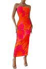Vestido PRETTYGARDEN XX-GG Longo sem alça Floral Laranja Vermelho