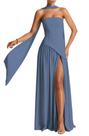 Vestido PUXIU, cachecol ajustável, aço, azul, dama de honra, cetim
