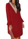 Vestido QACOHU com decote em V, manga comprida, babado, vermelho, GG