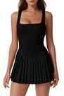 Vestido QINSEN plissado para exercícios, gola quadrada, sem mangas, preto M
