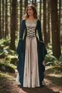 Vestido Rainha Elfa Medieval Verde Com Bege Dourado Luxuoso