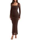 Vestido REORIA manga longa em tule transparente com decote quadrado marrom