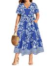 Vestido RITERA Plus Size com decote em V, manga curta, verão, 4GG, azul marinho Vestido RITERA Plus Size com decote em V, manga curta, verão, 4GG, azul marinho