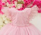 Vestido rosa bebe flor jardim festa infantil realeza batizado luxo RN a 3 anos