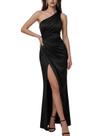 Vestido Rosegalette de cetim de um ombro franzido com fenda alta preto