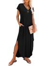 Vestido RUMIA Maxi de Verão com Decote V, Manga Curta e Bolsos Vestido RUMIA Maxi de Verão com Decote V, Manga Curta e Bolsos