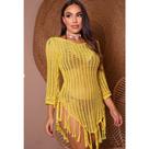Vestido Saida de Praia Maresias Tricot Crochê Moda Praia Franjas Manga Longa