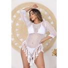 Vestido Saida de Praia Maresias Tricot Crochê Moda Praia Franjas Manga Longa