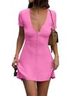 Vestido Saodimallsu com decote em V, cardigã com botões, rosa choque
