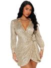 Vestido SCHDHTRM Mini com Paetês, Manga Longa e Decote em V, Dourado
