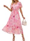 Vestido simples, floral, boho, vestido maxi de verão, decote em V, 2026, rosa