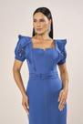 Vestido Tubinho Azul Com Guipir E Babados Midi Fascinius -