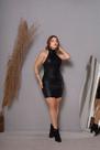 Vestido Tubinho Em material ecológico Gola Alta Fivela Atrás