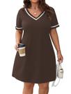 Vestido túnica Verdusa Coffee Brown com decote em V, manga curta, plus size