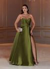 Vestido Verde Oliva com Laço na Cintura e Fenda Evasê Tamanho 40