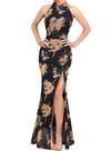 Vestido VFSHOW com decote frente única, fenda alta, maxi, preto/laranja, floral