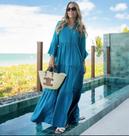 Vestido viscose longo decote fru fru e botoes