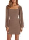 Vestido Wenrine Mesh, manga comprida, gola quadrada, Bodycon, marrom Vestido Wenrine Mesh, manga comprida, gola quadrada, Bodycon, marrom