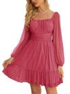 Vestido Wenrine Mesh, manga comprida, gola quadrada, linha, melancia Vestido Wenrine Mesh, manga comprida, gola quadrada, linha, melancia