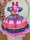 Vestido Xadrez Festa Junina Infantil Azul Pink Coração Junino Caipira Quadrilha Sinhá São João Luxo