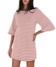 Vestido Yousify rosa e branco listrado de manga curta de algodão 2025