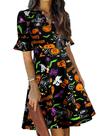 Vestidos de Halloween para mulheres, manga folhada de abóbora, semiformais, na altura do joelho, vestidos lisonjeiros para convidados de casamento de negócios com bolsos M