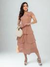 Vestidos Feminino Midi Elegante Festa Camadas com Babado Manga Curta Moda Evangélica