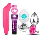 Vibrador Ponto G + Plug Anal P + Egg Masturbador Masculino + Anel Peniano + Gel Estimulador Anal