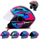 Viseira Moto Aberto Várias Cores + Capacete Fw3 X Open Up Fox Rosa com Azul com Óculos Interno- Fw3