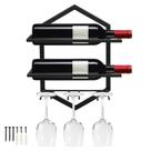 Wine Rack de parede de metal vintage para 2 garrafas e 3 copos