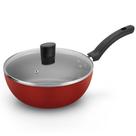 Wok Enjoy 24 cm Com Tampa de Vidro Vermelha