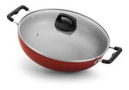 Wok Grande Antiaderente 30cm Vermelha Com Tampa De Vidro