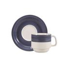 Xícara Chá com Pires 200 ml Porcelana Schmidt - Dec. Cilídrica Pintura à Mão Azul