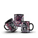 Xícara Preta Porcelana Caveira Mexicana + Caixinha